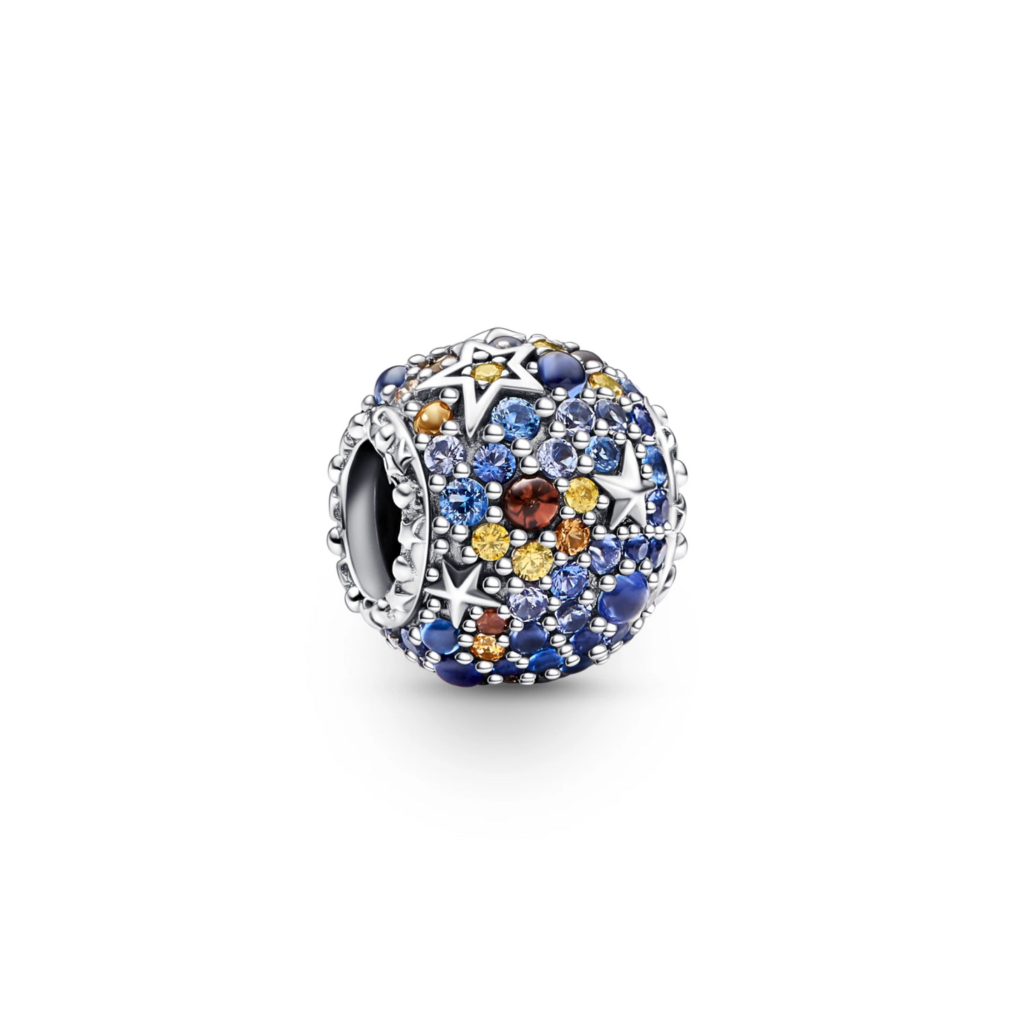 Mercury sterlingzilveren charm met royal blue, leather brown, night blue en stellar blue crystal en honey cubic zirconia