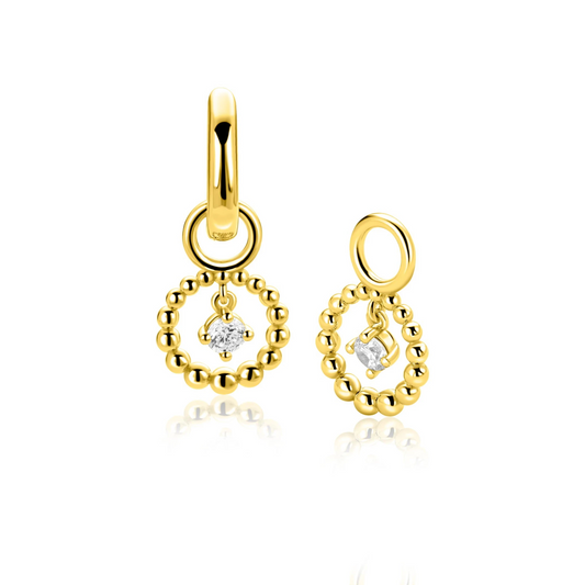 10mm ZINZI goldplated zilveren oorbedels met bolletjes en bungelende witte zirkonia ZICH2816 (zonder oorringen)