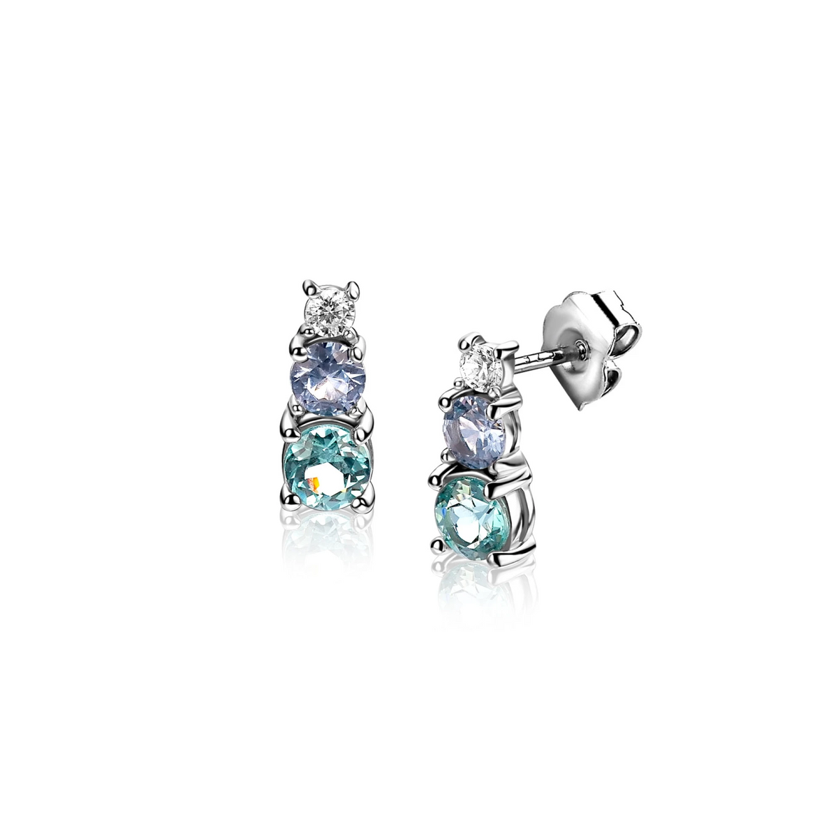 10mm ZINZI zilveren oorknoppen bezet met witte, blauwe en petrol blauwe zirkonia's ZIO-BF143