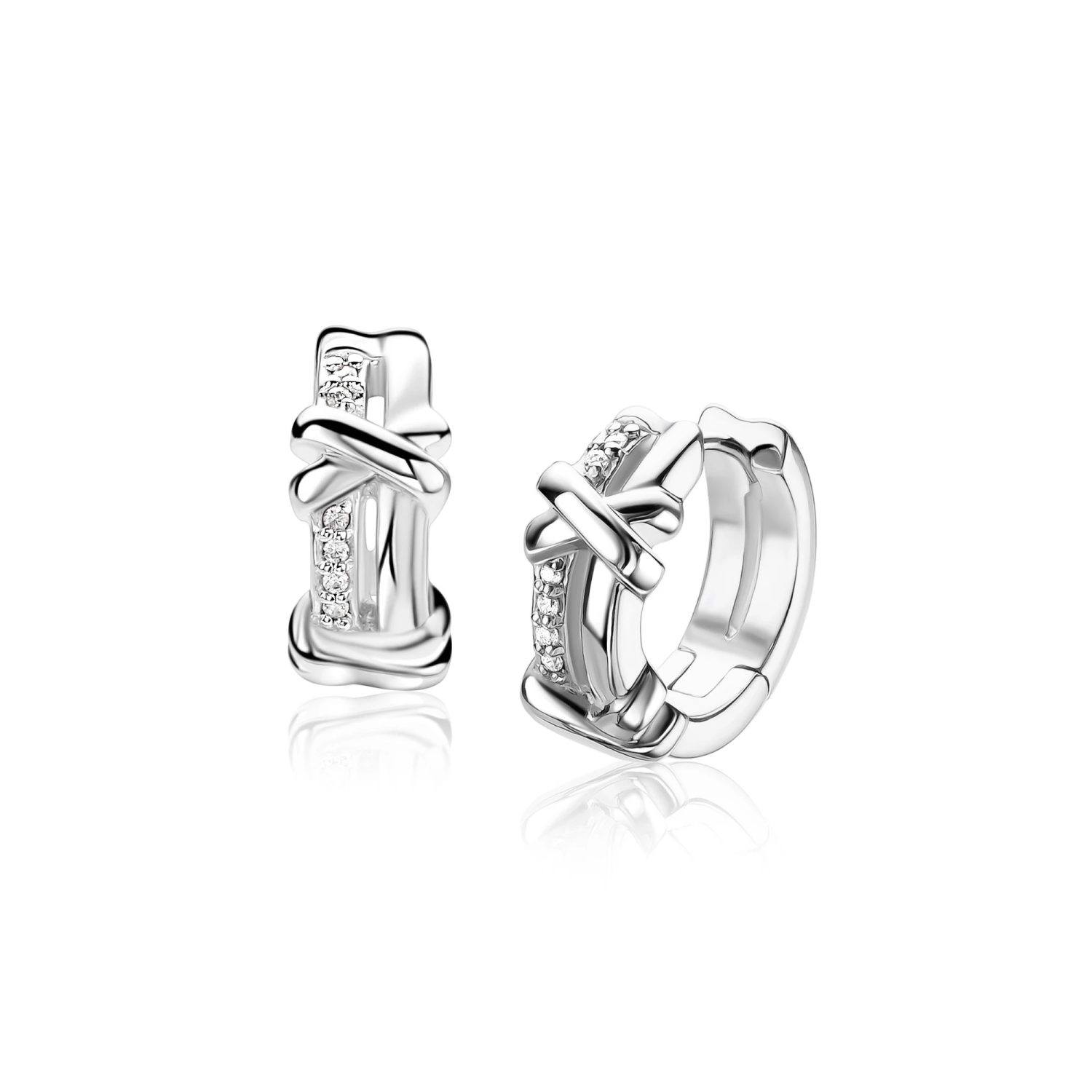 14mm ZINZI zilveren oorringen met kruisjes en witte zirkonia's, luxe klapsluiting ZIO-BF147