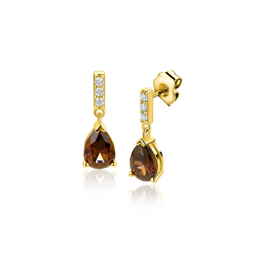 16mm ZINZI goldplated zilveren oorstekers met bruine druppelvormige kleursteen ZIO2804