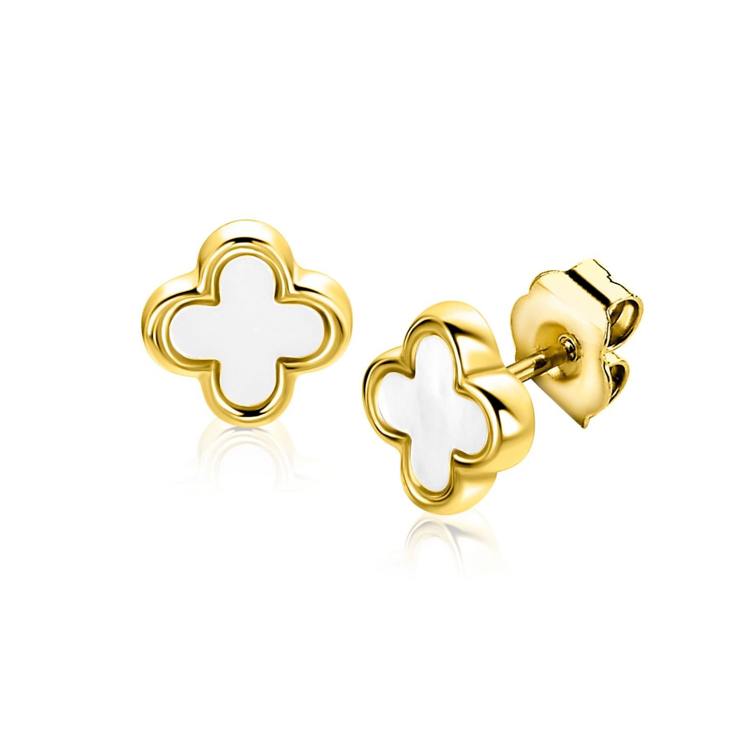 8mm ZINZI gold plated zilveren klaver oorstekers met parelmoer ZIO-BF153