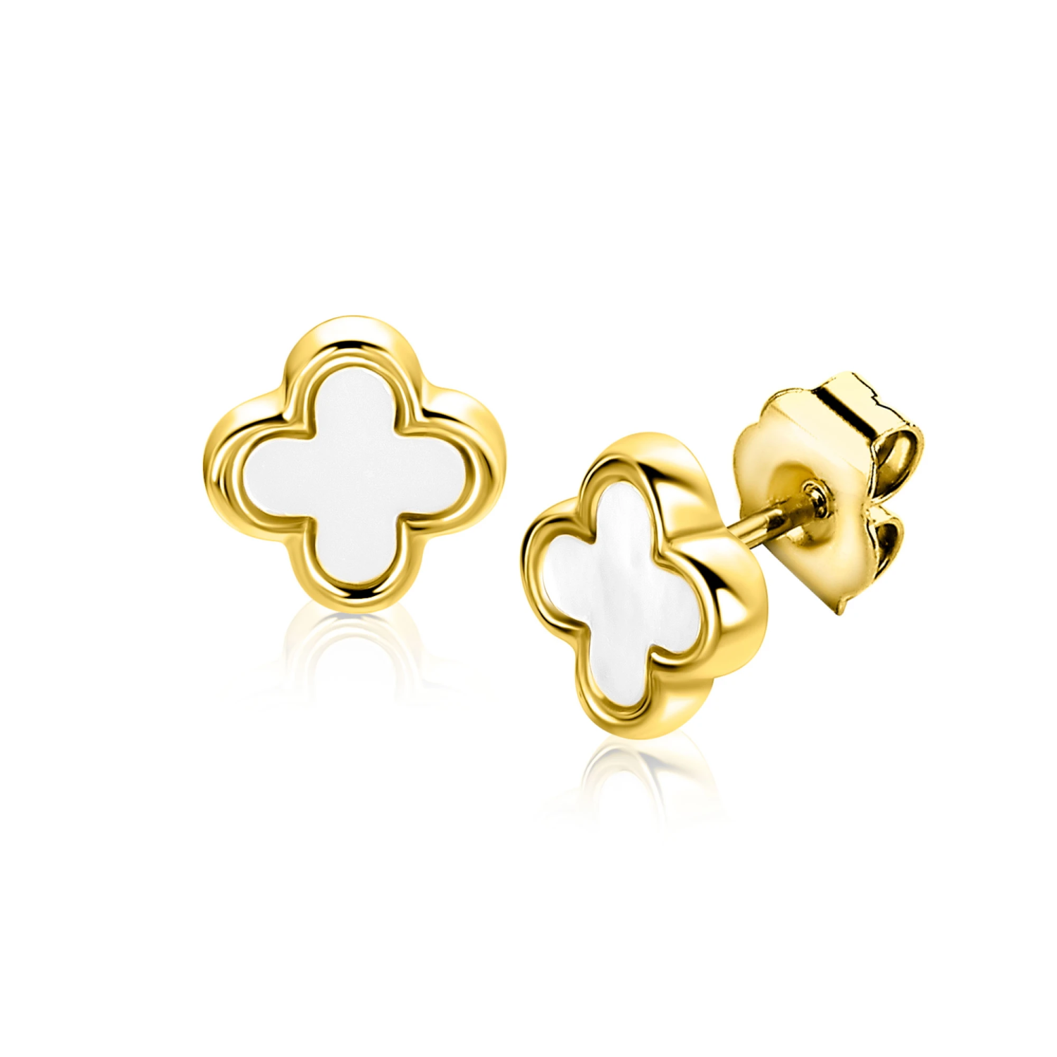 8mm ZINZI gold plated zilveren klaver oorstekers met parelmoer ZIO-BF153