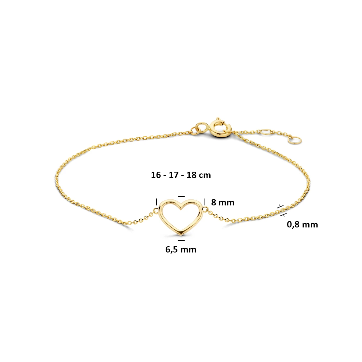 9k armband hart 16 - 17 - 18 cm 9K geel