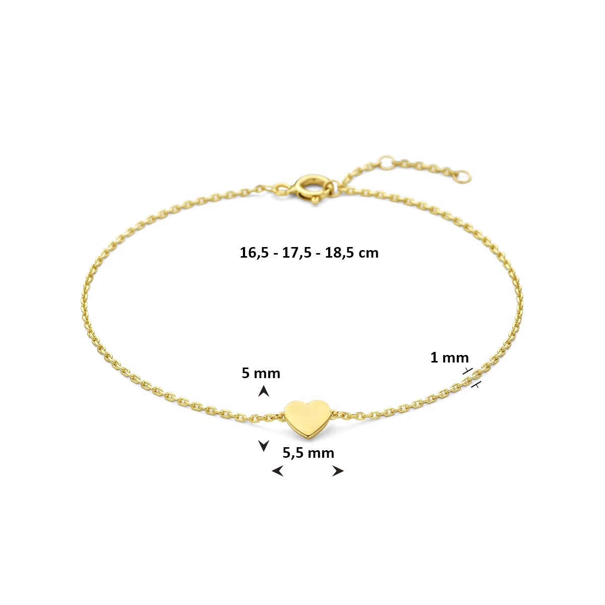 9k armband hartje 16,5 - 17,5 - 18,5 cm 9K geel