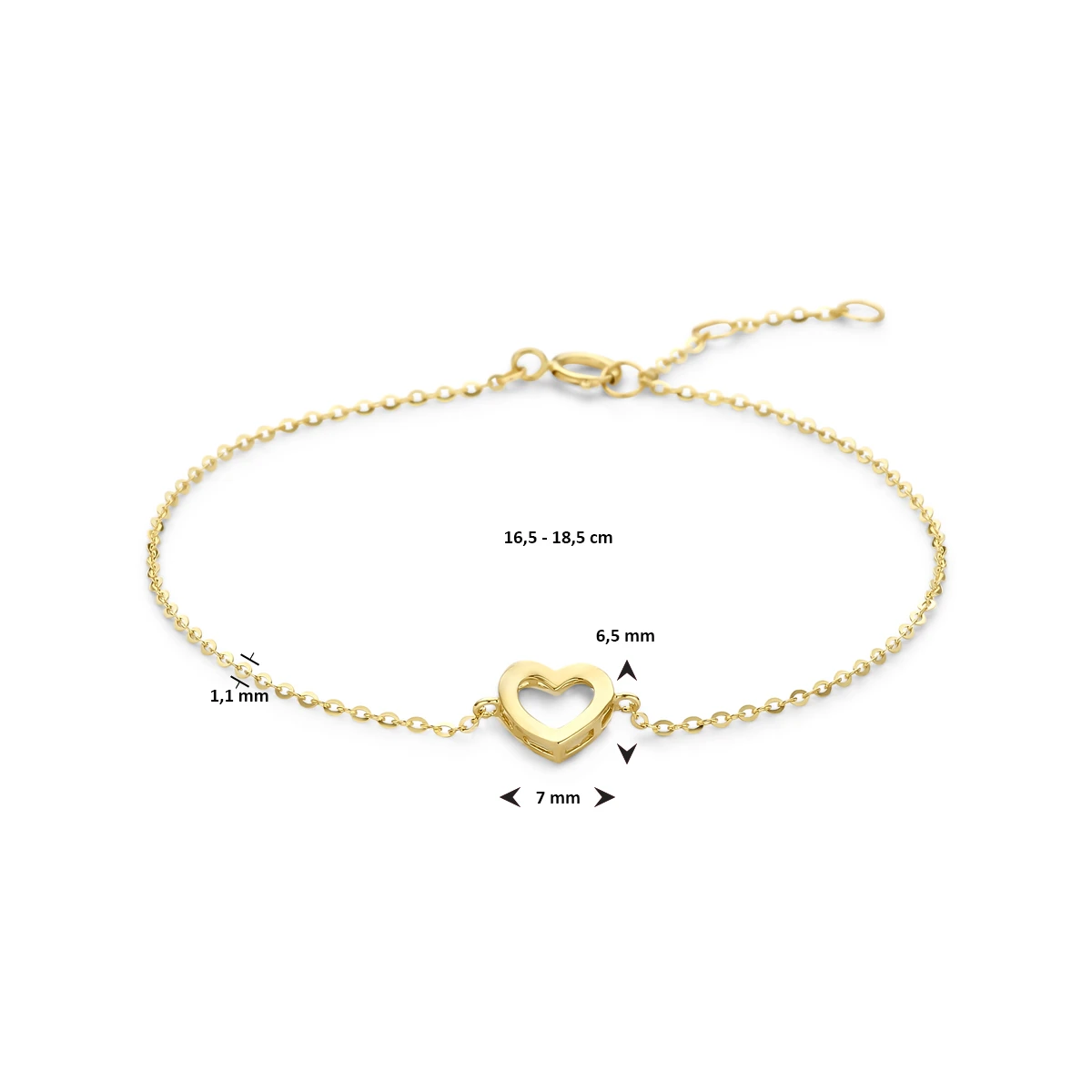 9k armband hartje 16,5 - 17,5 - 18,5 cm 9K geel