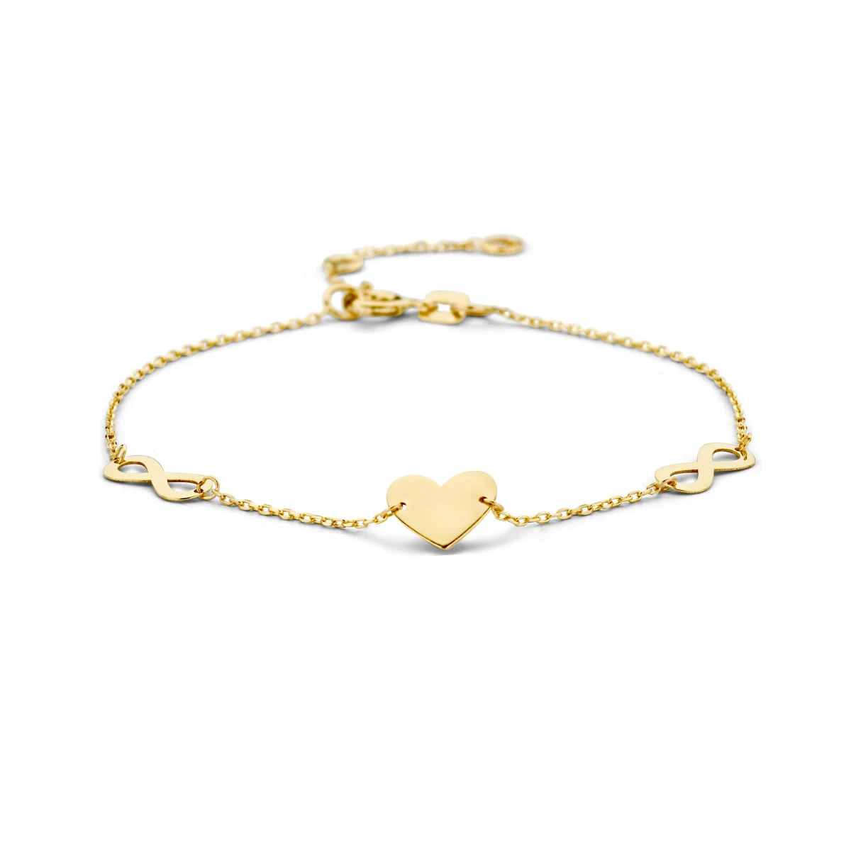 9k armband hartje en infinity 15,5 - 17 - 18,5 cm 9K geel