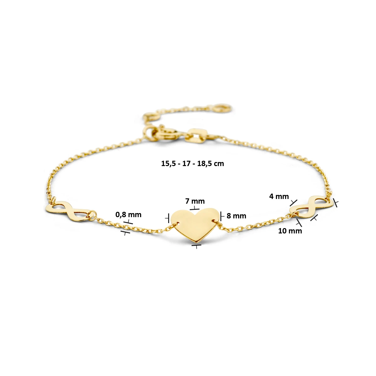 9k armband hartje en infinity 15,5 - 17 - 18,5 cm 9K geel