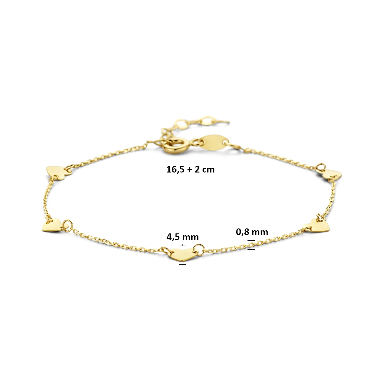9k armband hartjes 16,5 + 2 cm 9K geel
