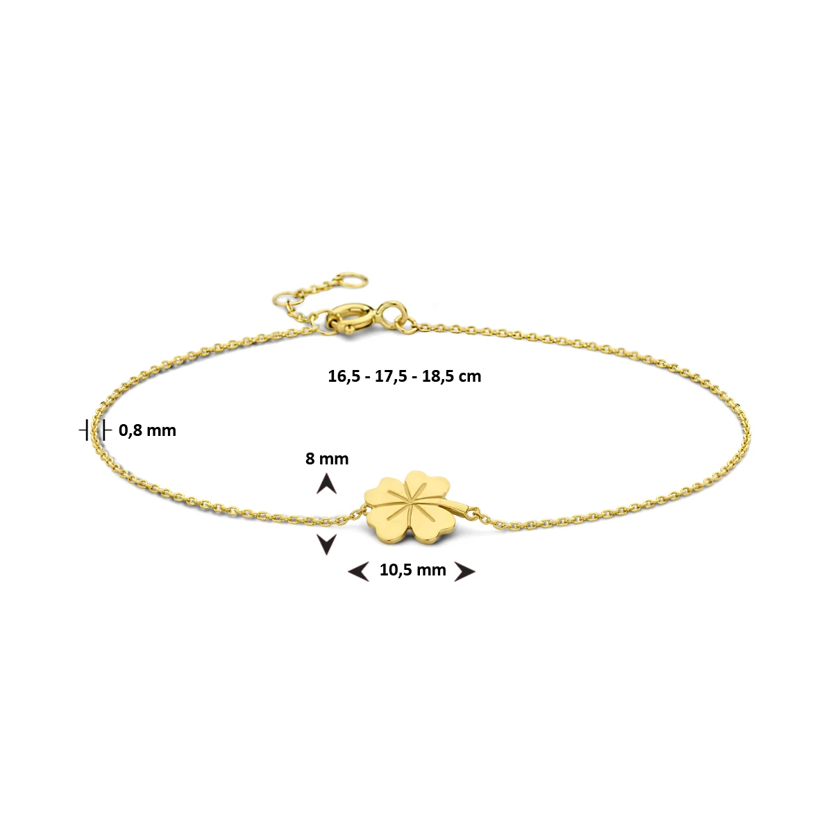 9k armband klavertje 16,5 - 17,5 - 18,5 cm 9K geel
