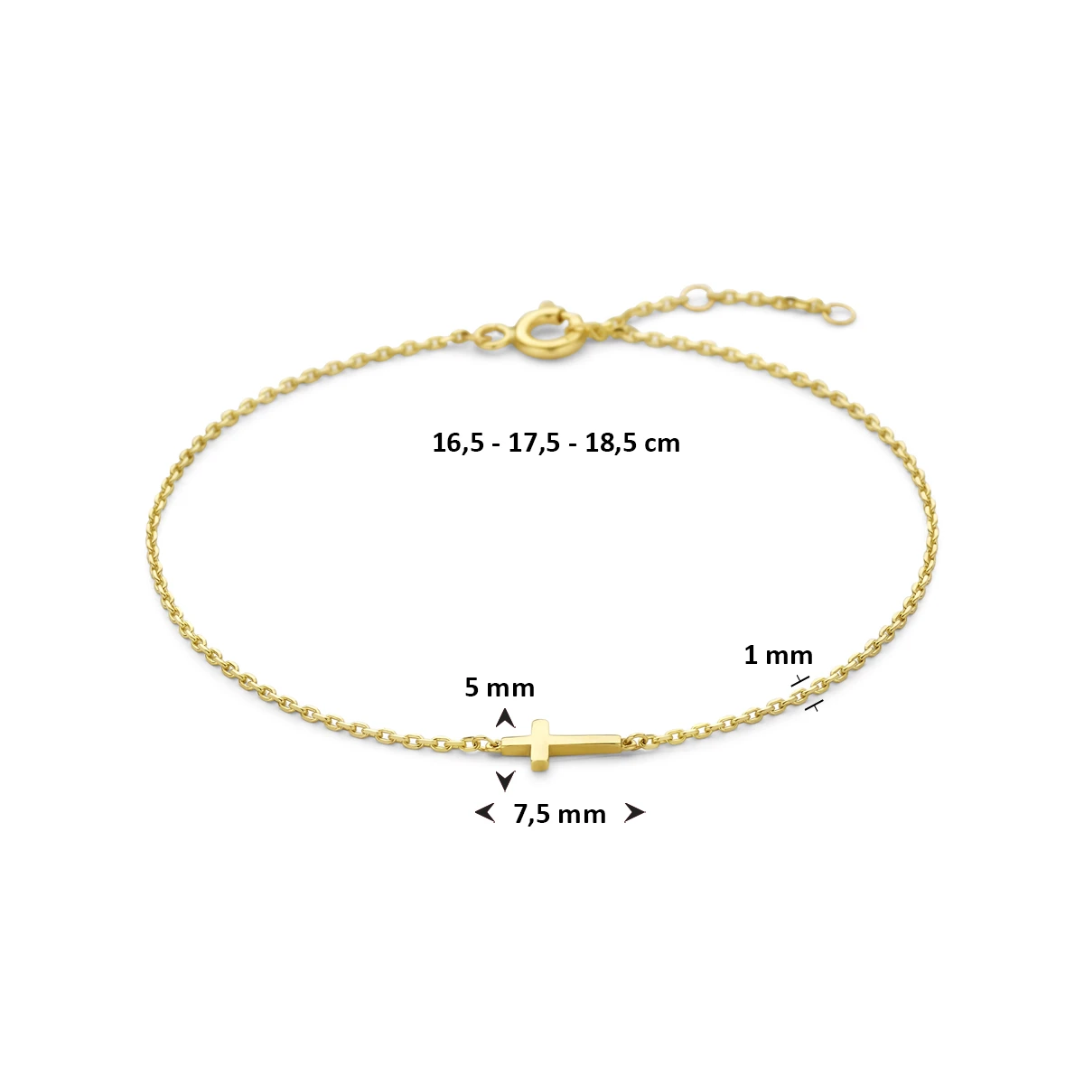 9k armband kruis 16,5 - 17,5 - 18,5 cm 9K geel