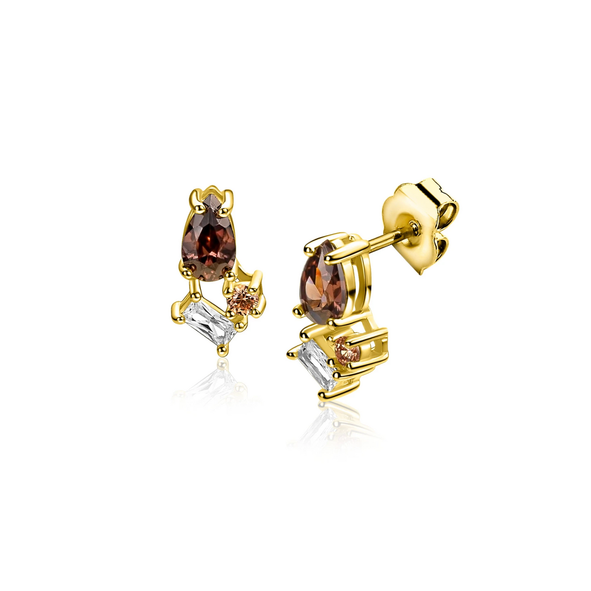 9mm ZINZI gold plated zilveren oorknoppen bezet met bruine, champagne en witte zirkonia's ZIO-BF142