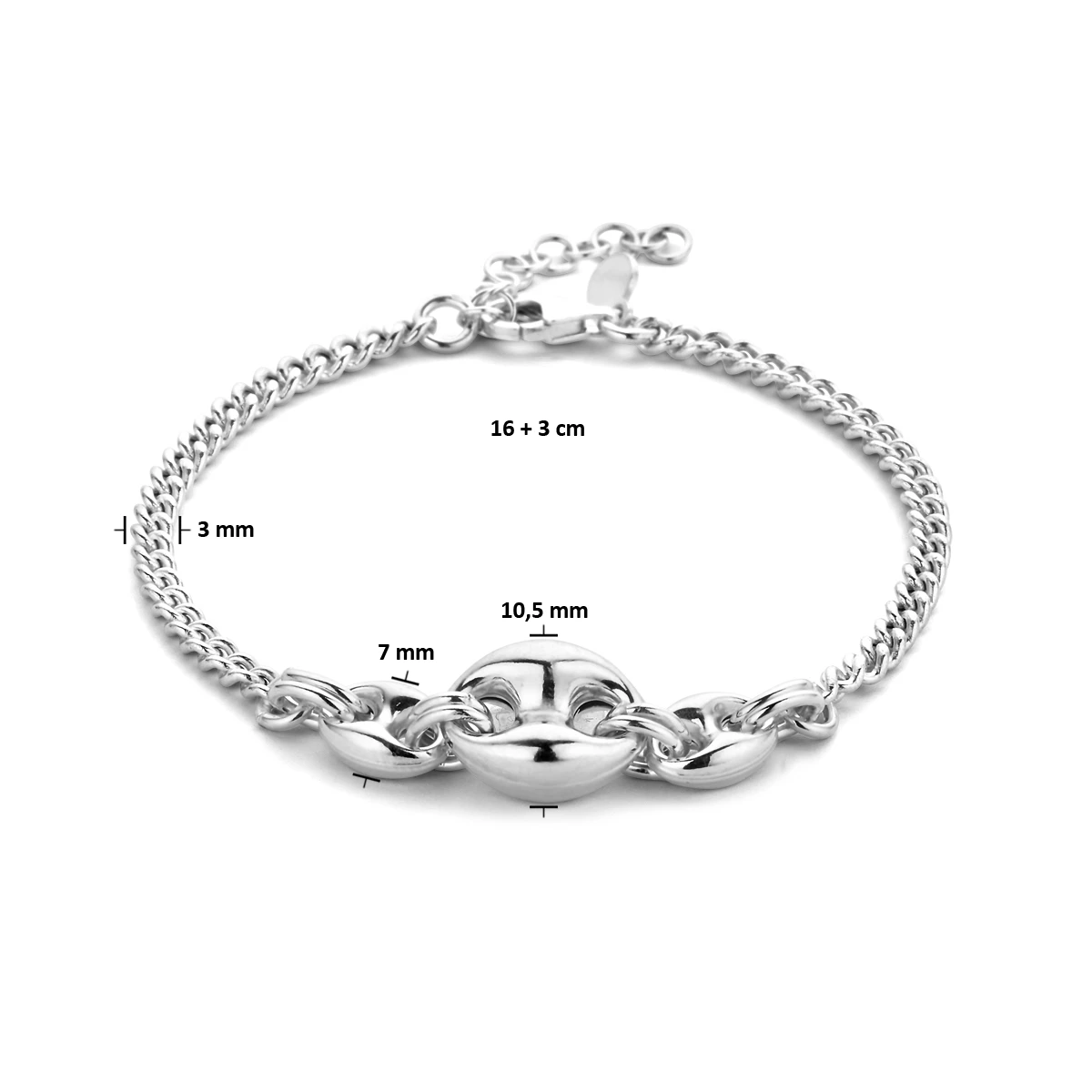 armband 10,5 mm 16 + 3 cm zilver gerhodineerd