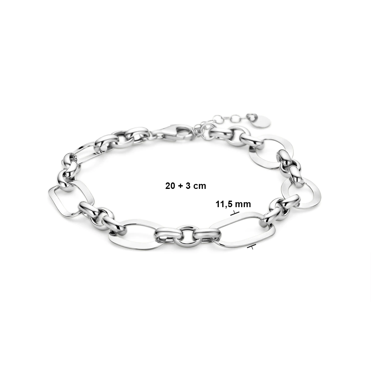 armband 11,5 mm 20 + 3 cm zilver gerhodineerd