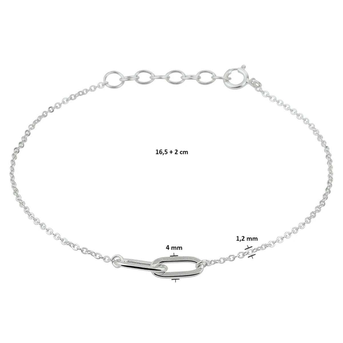 armband 1,2 mm 16,5 + 2 cm zilver gerhodineerd