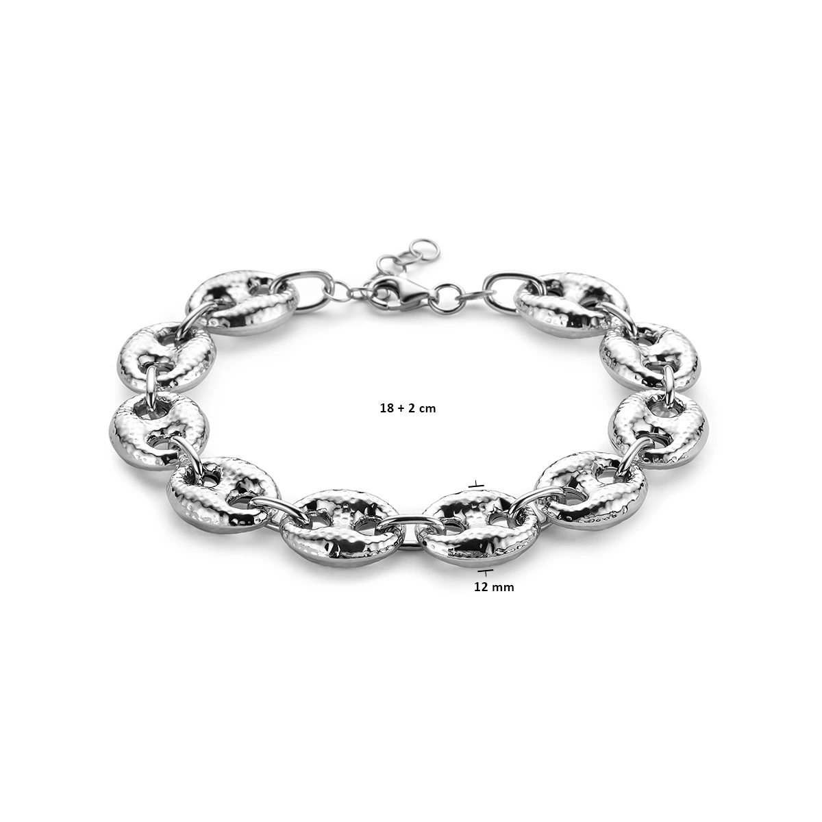 armband 12 mm 18 + 2 cm zilver gerhodineerd
