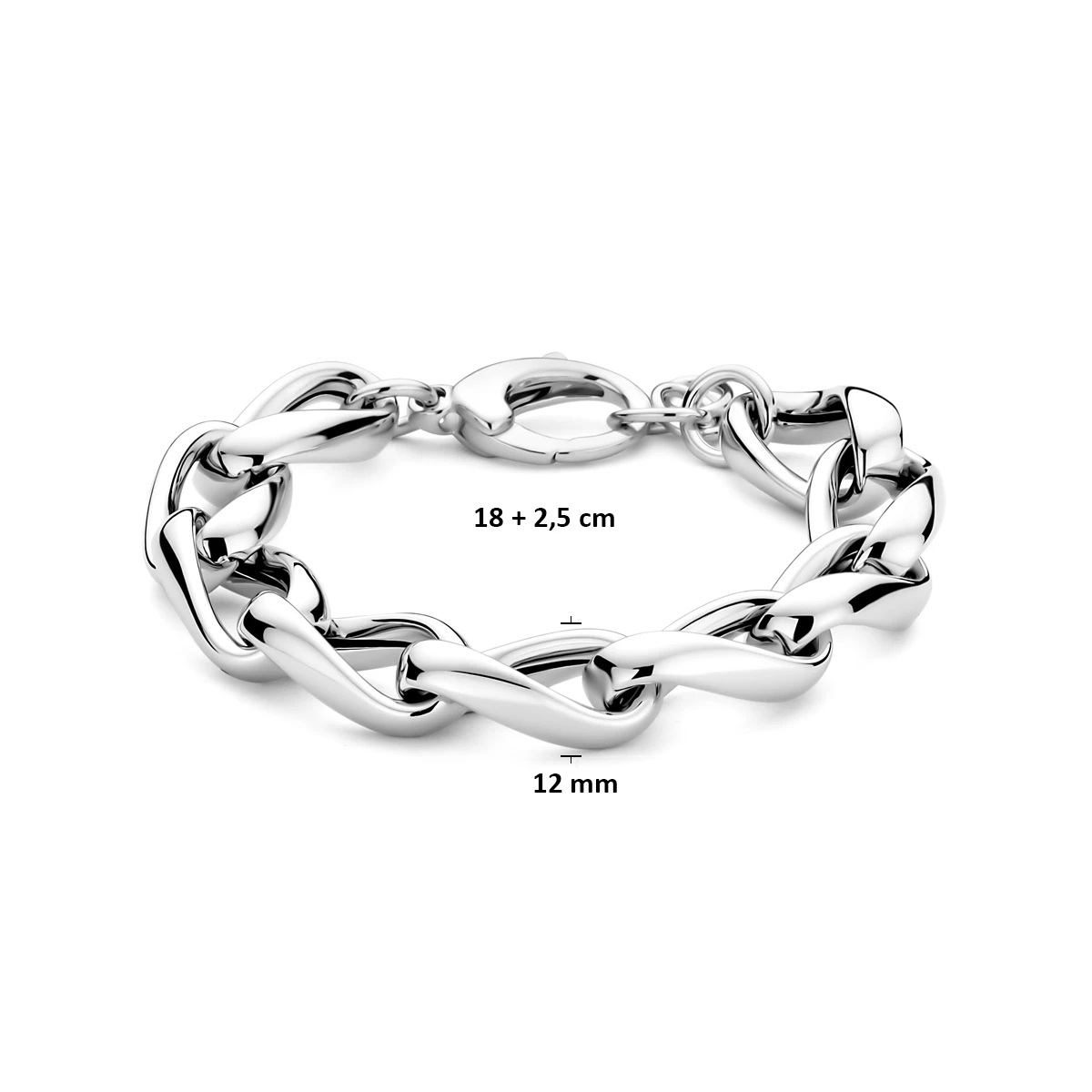 armband 12 mm 18 + 2,5 cm zilver gerhodineerd