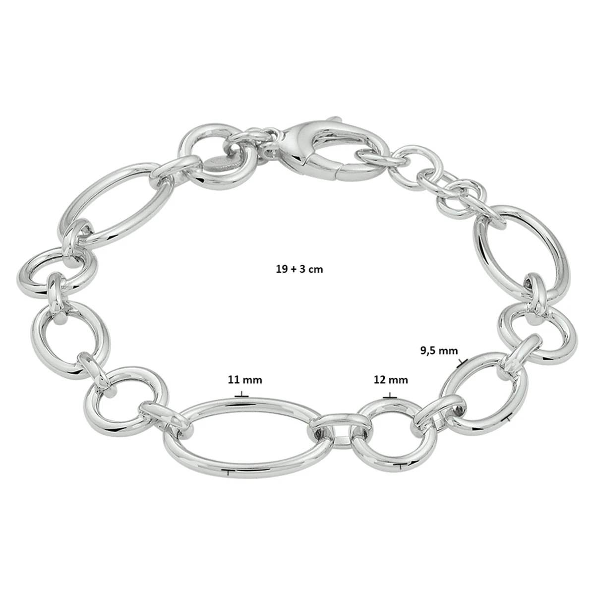 armband 12 mm 19 + 3 cm zilver gerhodineerd