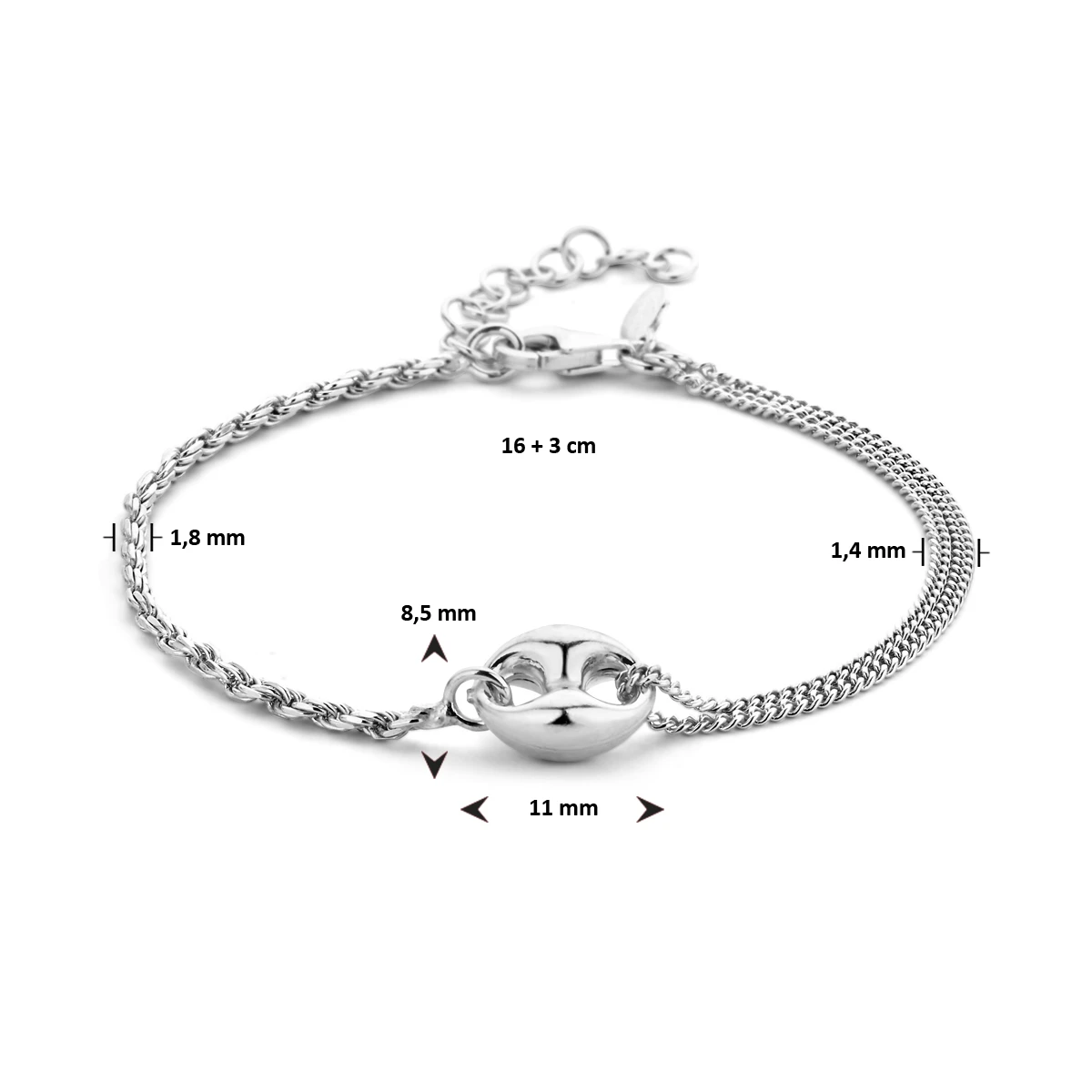 armband 16 + 3 cm zilver gerhodineerd