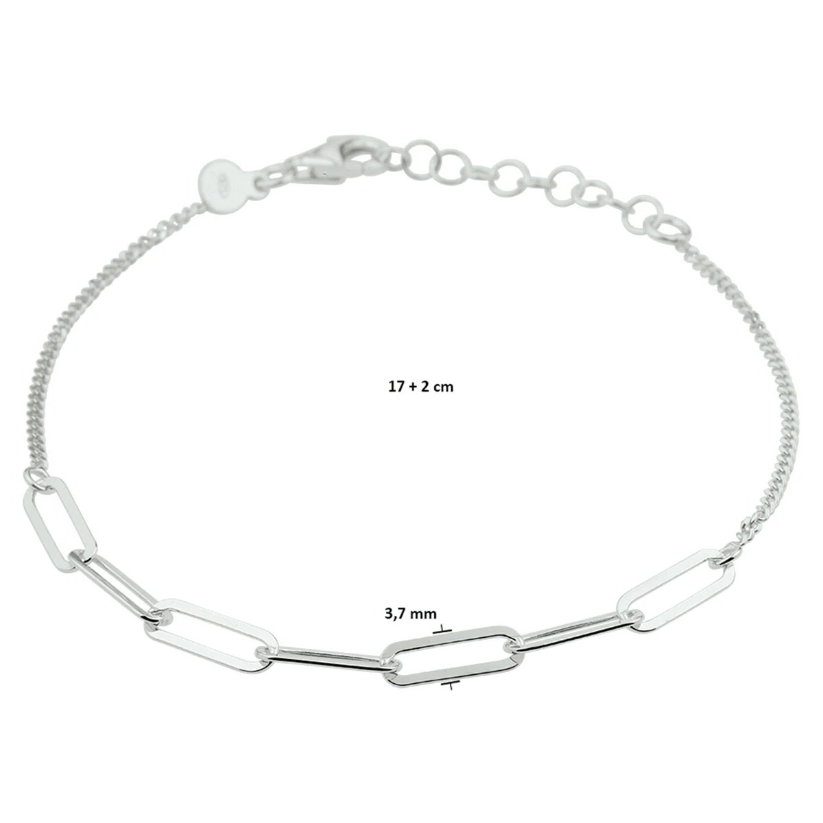 armband 3,7 mm 17 + 2 cm zilver gerhodineerd