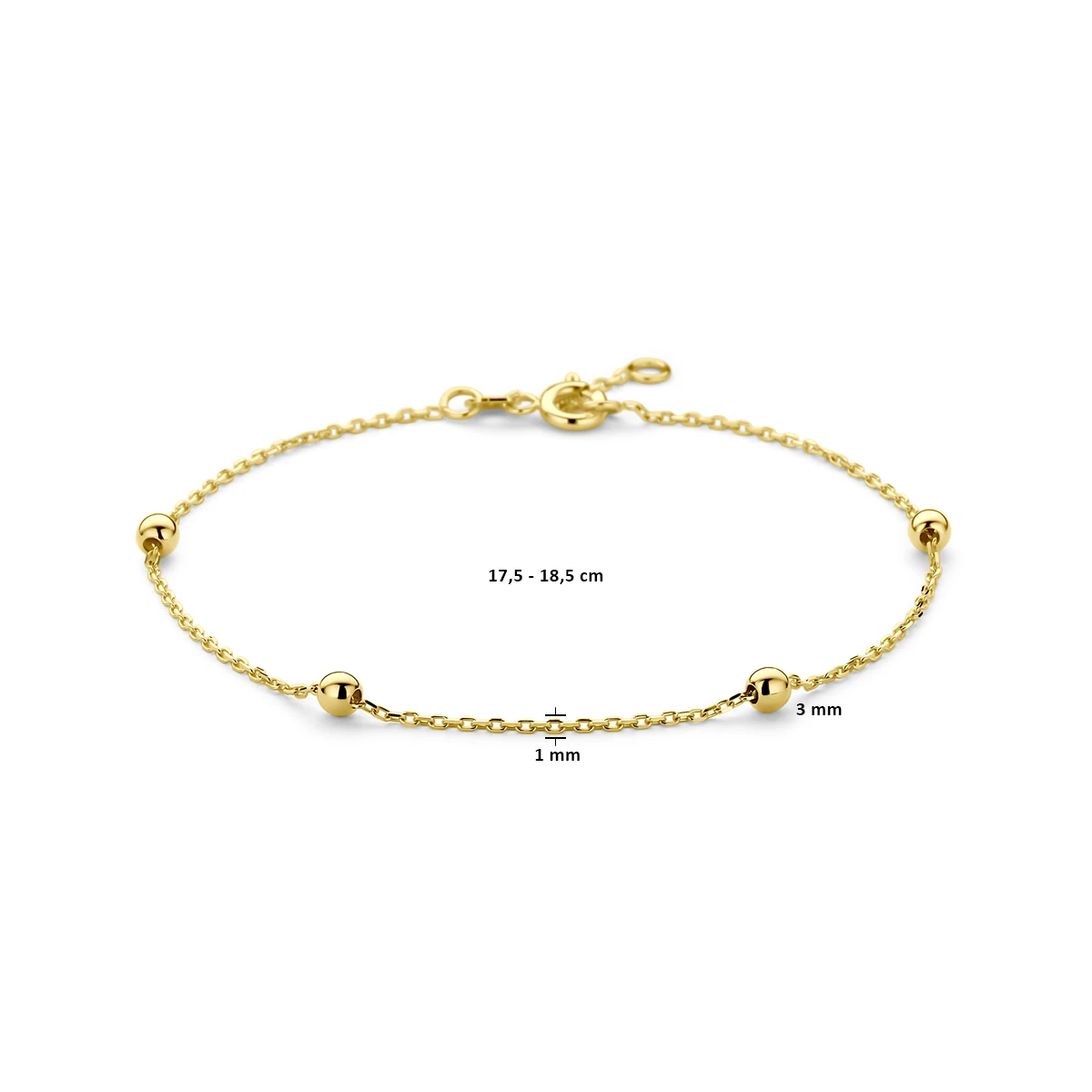 armband anker en bolletjes 1,0 mm 17,5 - 18,5 cm 14K geelgoud
