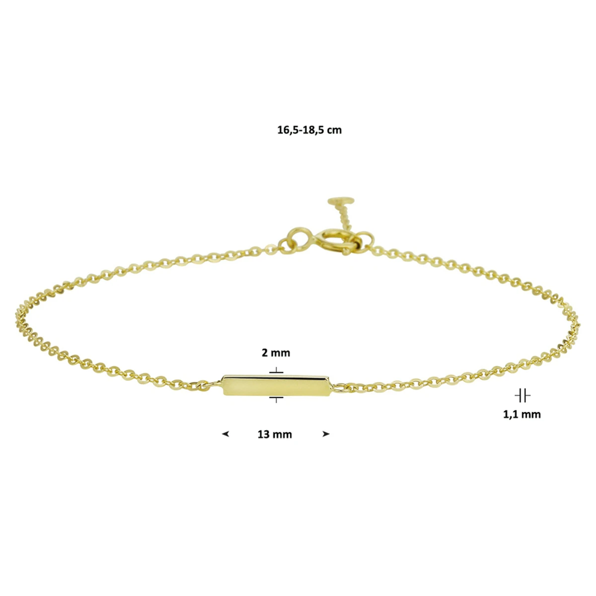 armband balkje 16,5 - 18,5 cm 14K geelgoud