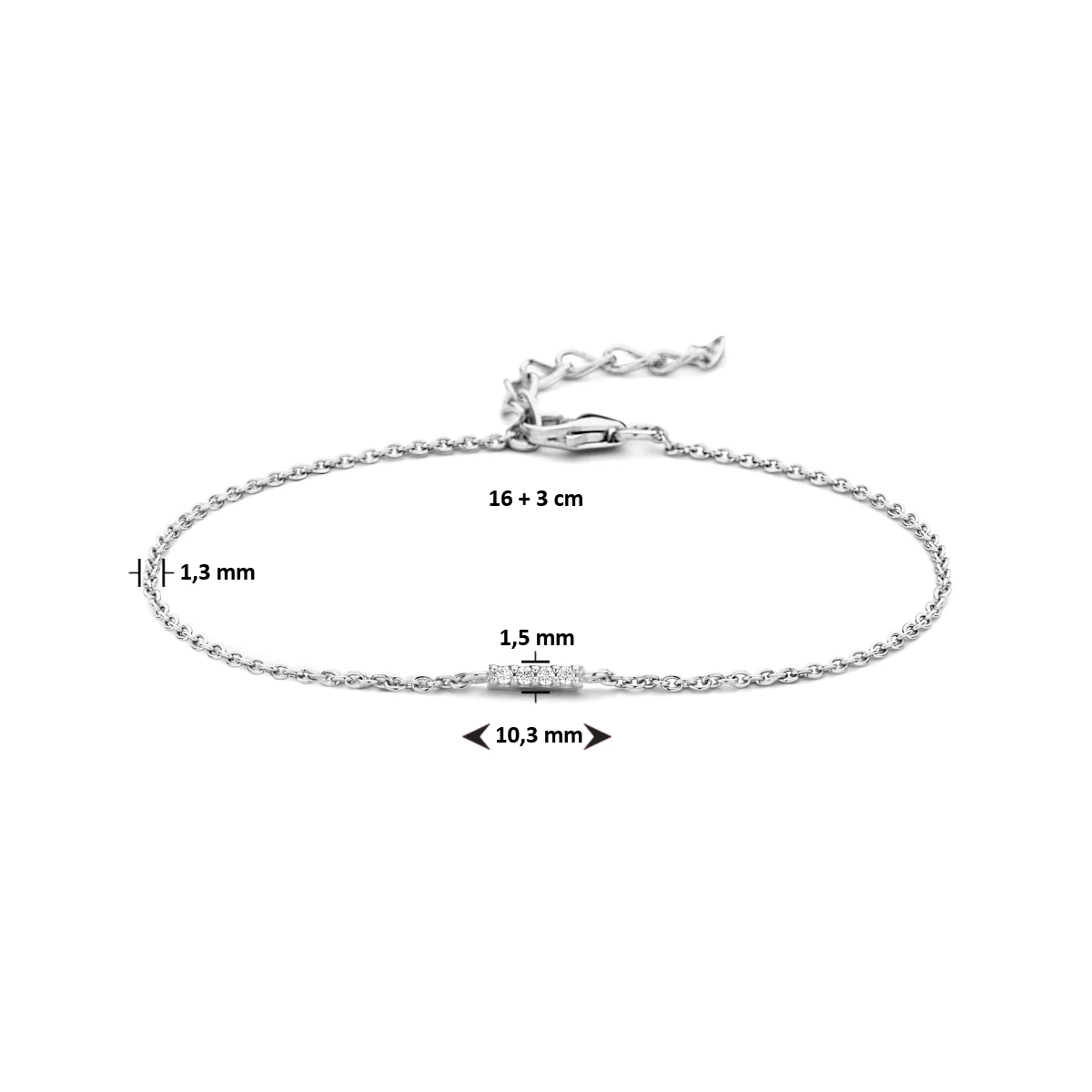 armband balkje zirkonia 16 + 3 cm zilver gerhodineerd