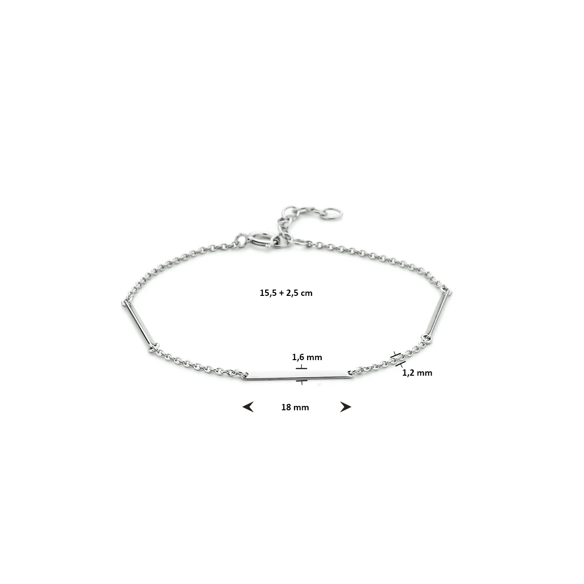 armband balkjes 1,6 mm 15,5 + 2,5 mm zilver gerhodineerd
