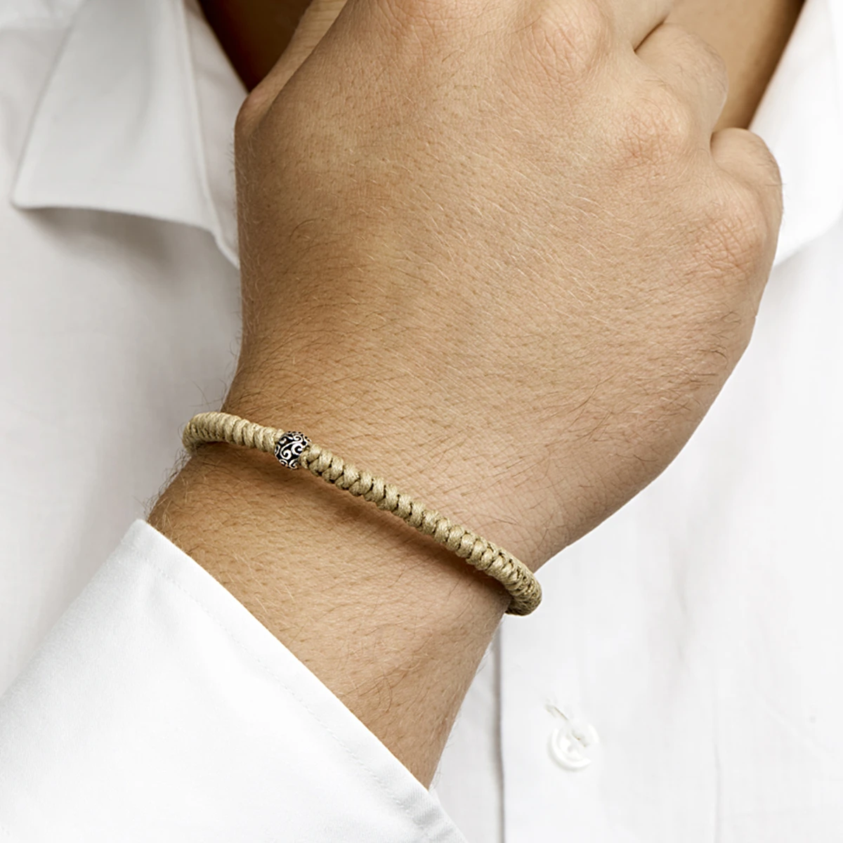 armband beige 7 mm 19 - 26 cm zilver gerhodineerd met rubber/nylon/leer