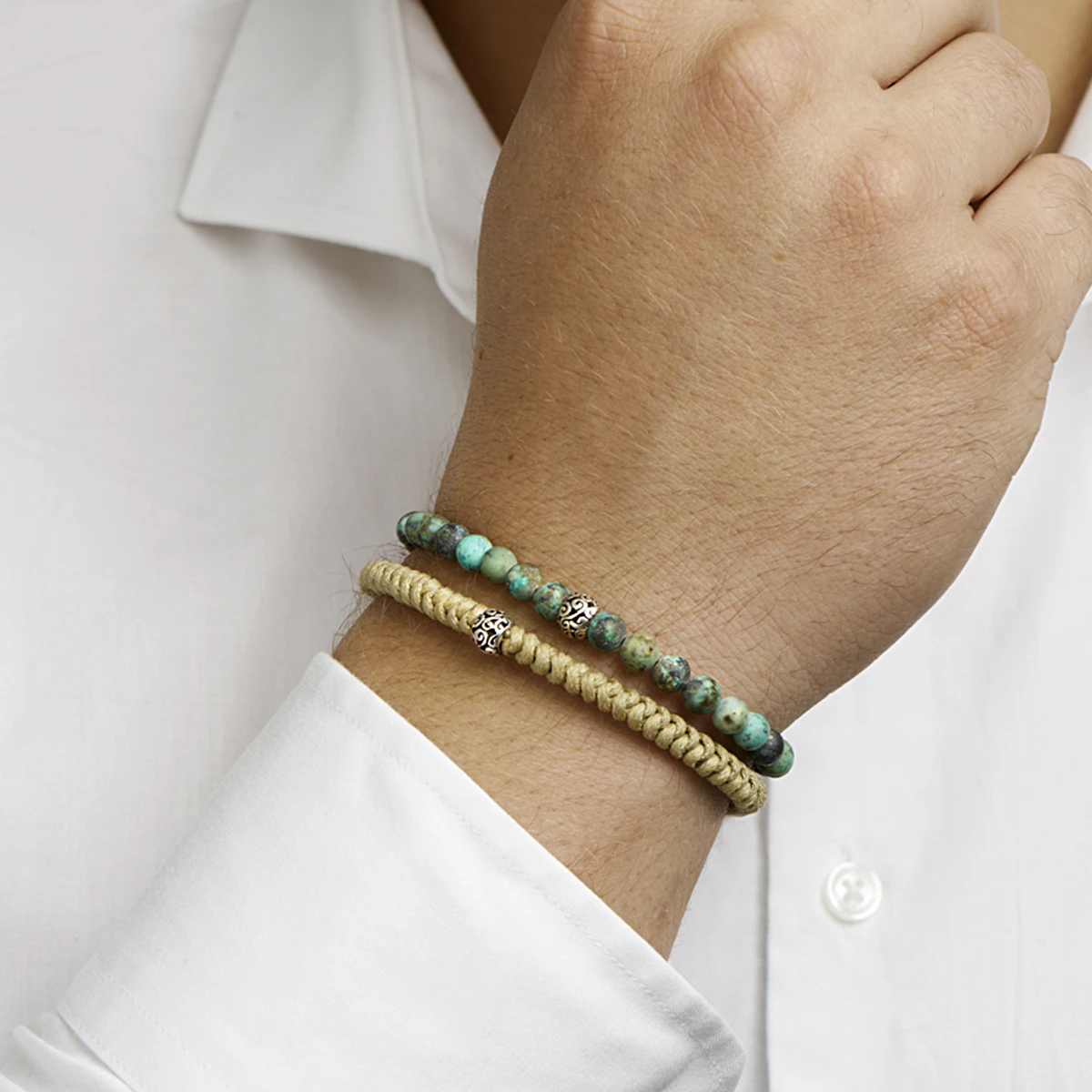 armband beige 7 mm 19 - 26 cm zilver gerhodineerd met rubber/nylon/leer