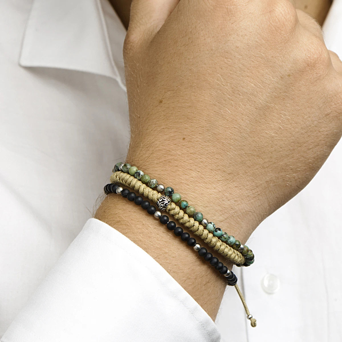 armband beige 7 mm 19 - 26 cm zilver gerhodineerd met rubber/nylon/leer