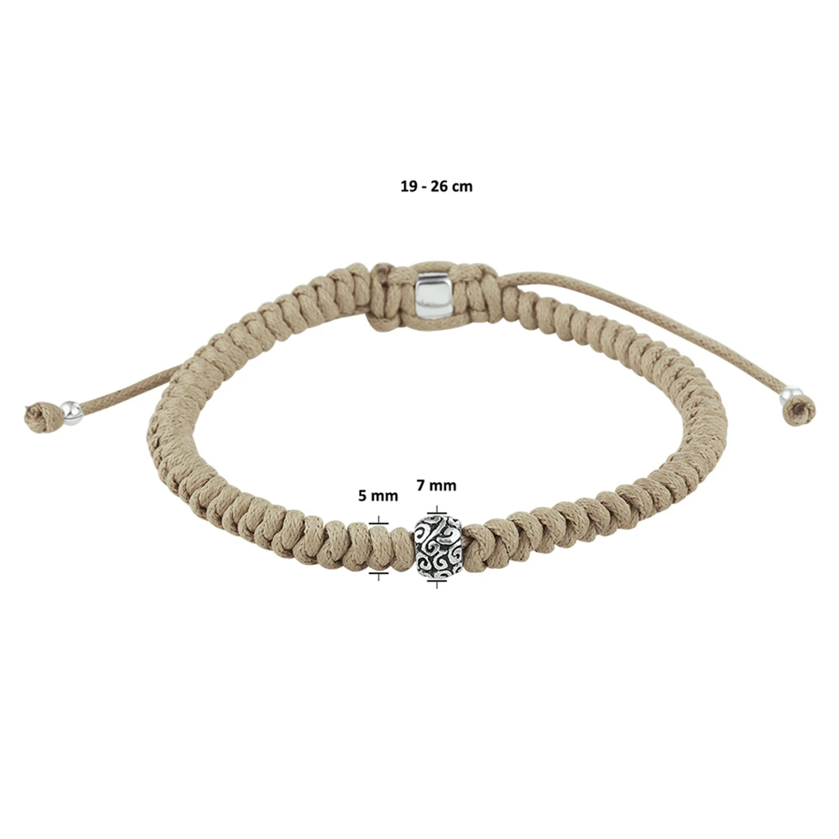 armband beige 7 mm 19 - 26 cm zilver gerhodineerd met rubber/nylon/leer