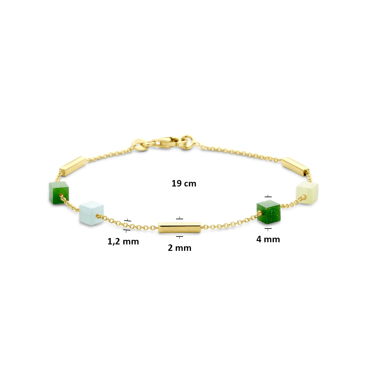 armband blauw en groen kwartsiet 19 cm 14K geelgoud