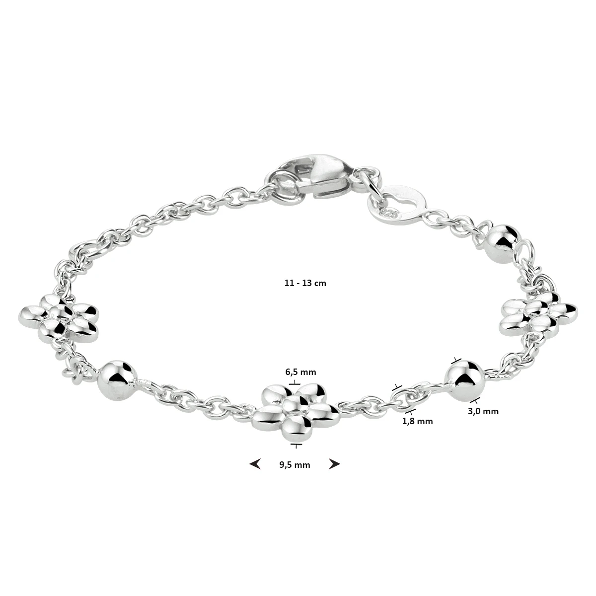 armband bloem 11 - 13 cm zilver gerhodineerd