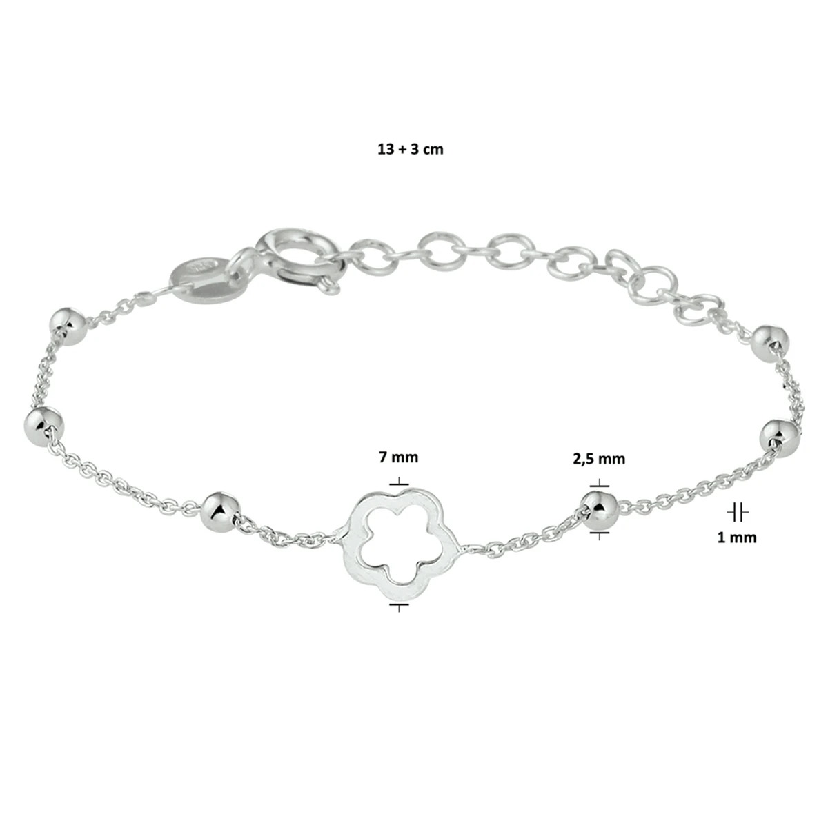 armband bloem 13 + 3 cm zilver gerhodineerd