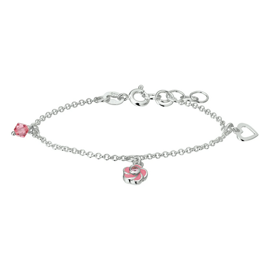 armband bloem en roze zirkonia 13 + 2 cm zilver wit