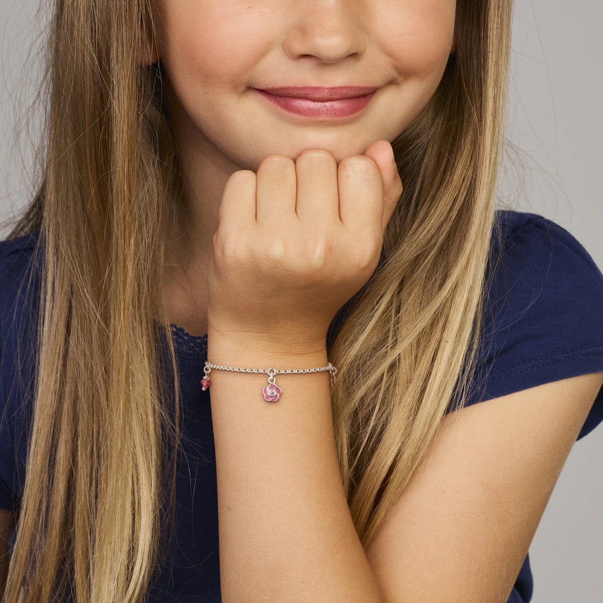 armband bloem en roze zirkonia 13 + 2 cm zilver wit