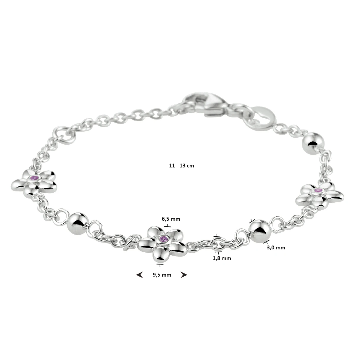 armband bloem roze zirkonia 11 - 13 cm zilver gerhodineerd