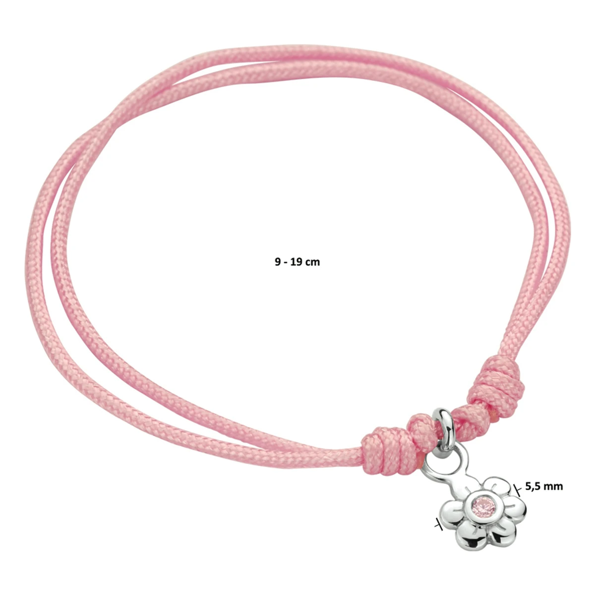 armband bloem roze zirkonia zilver gerhodineerd met rubber/nylon/leer