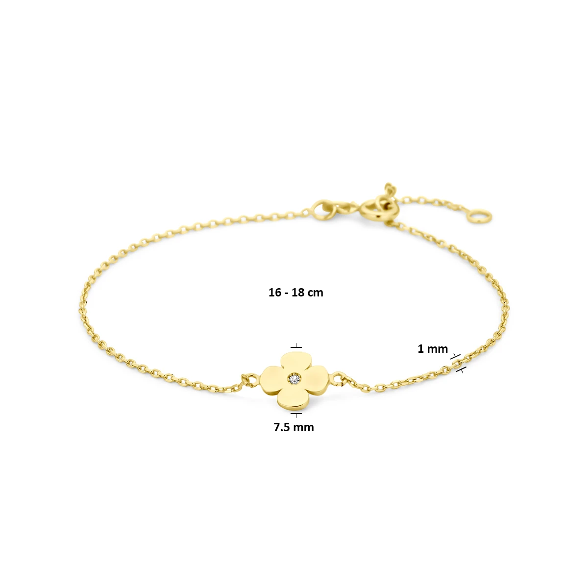 armband bloem zirkonia 16 - 18 cm 14K geelgoud