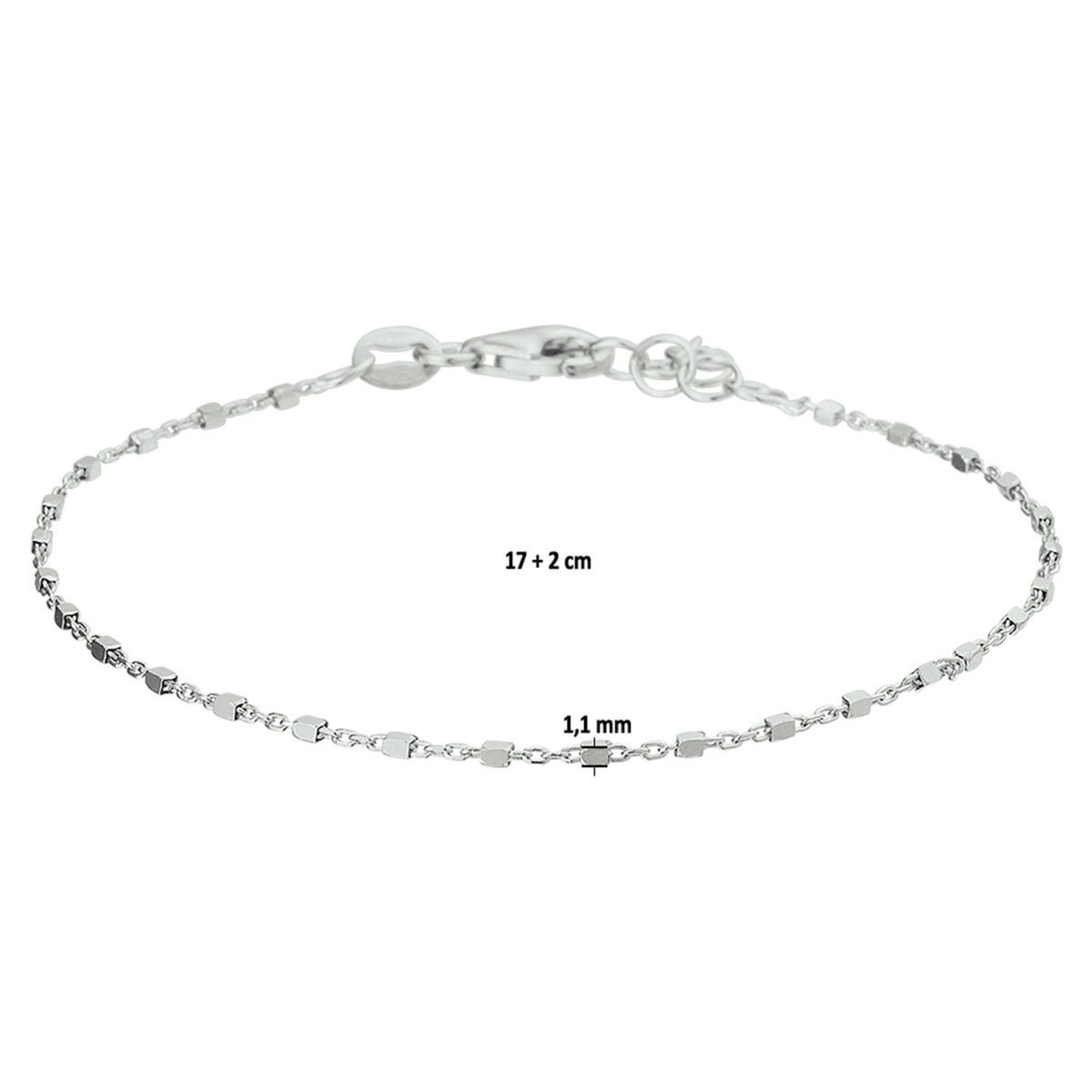 armband blokjes 1,1 mm 17 + 2 cm zilver gerhodineerd