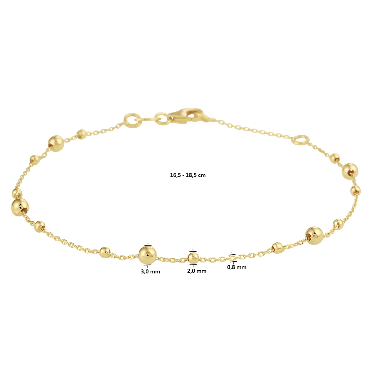 armband bolletjes 0,8 mm 16,5 - 18,5 cm 14K geelgoud