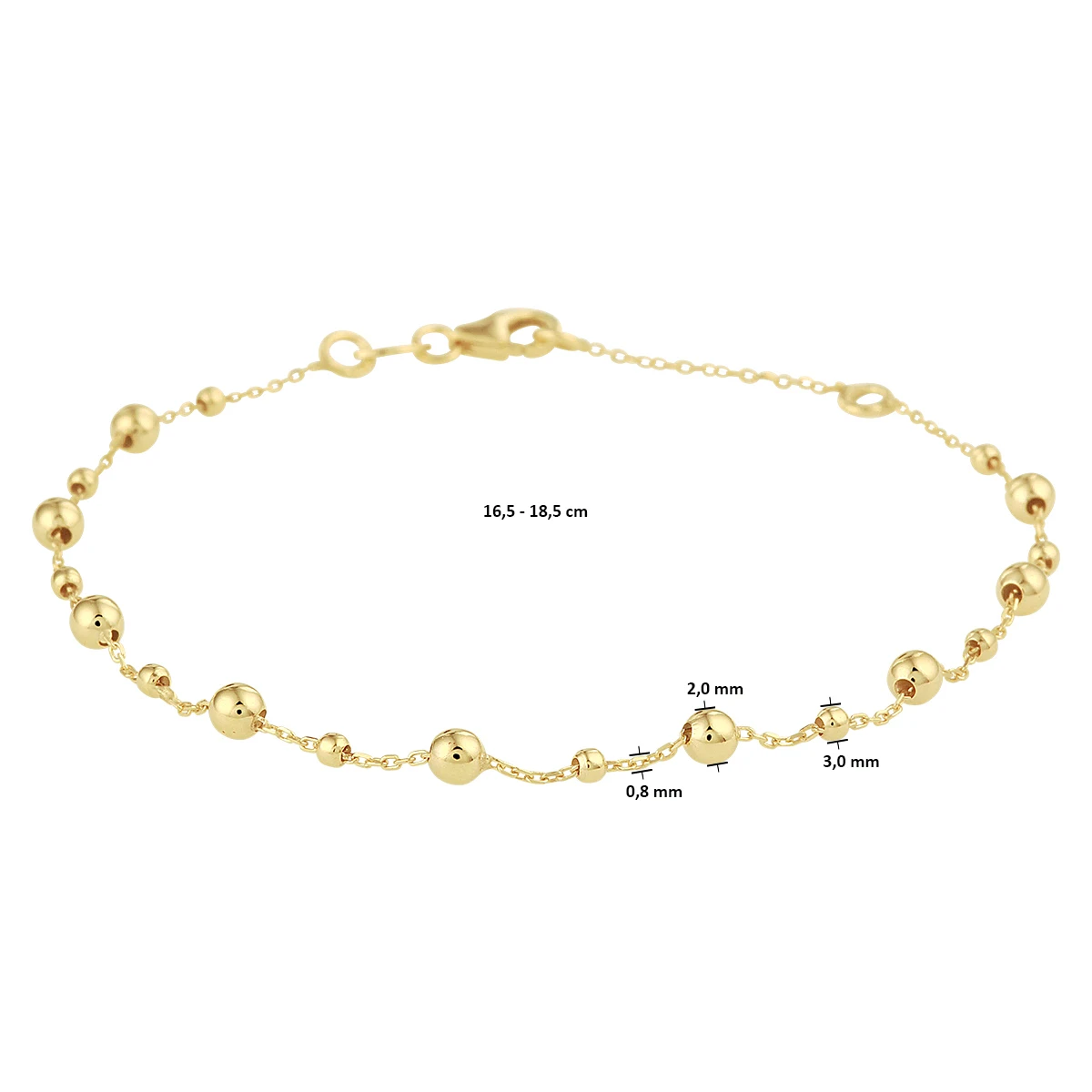 armband bolletjes 0,8 mm 16,5 - 18,5 cm 14K geelgoud