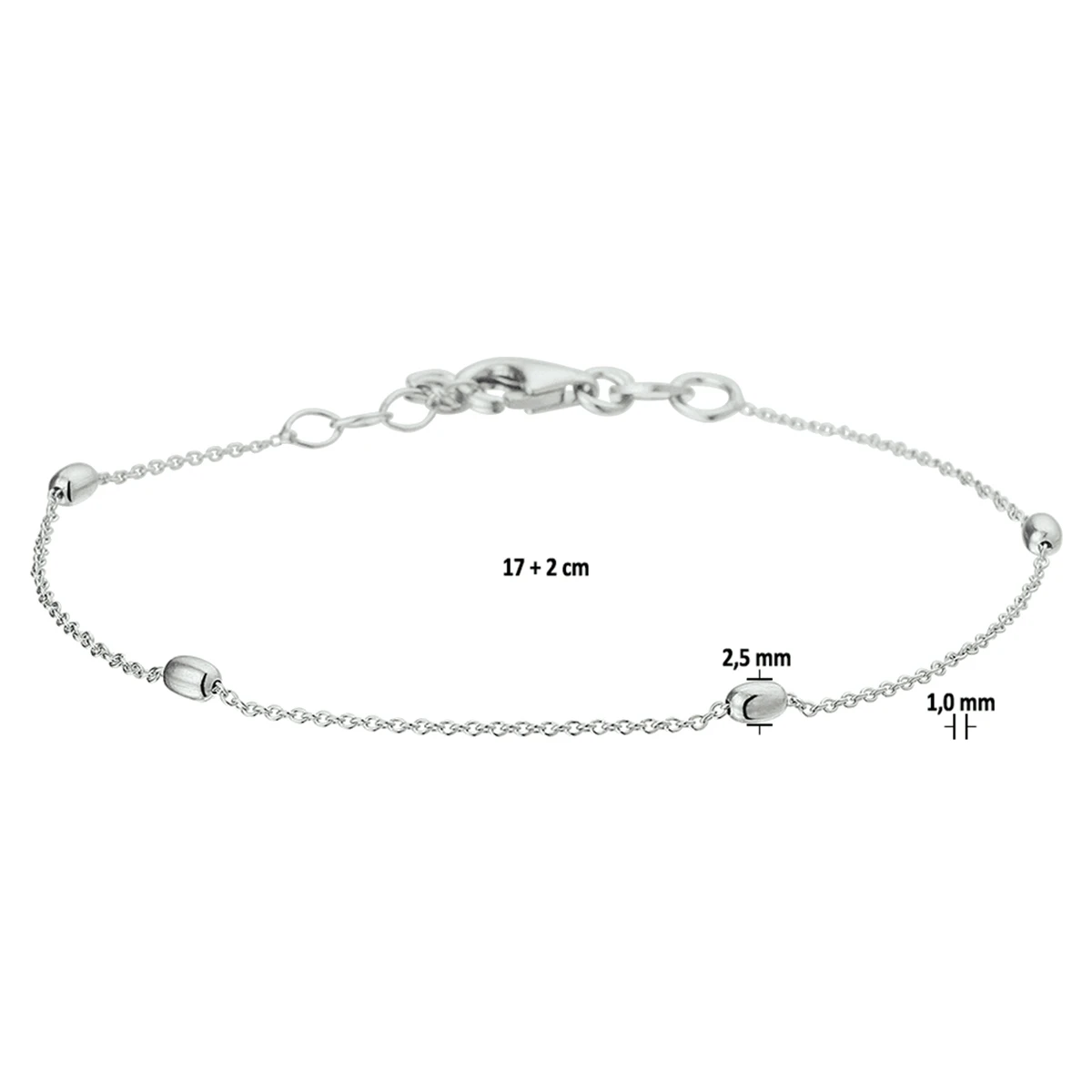 armband bolletjes 1,0 mm 17 + 2 cm zilver gerhodineerd