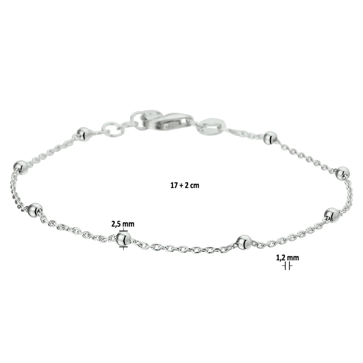 armband bolletjes 1,2 mm 17 + 2 cm zilver gerhodineerd