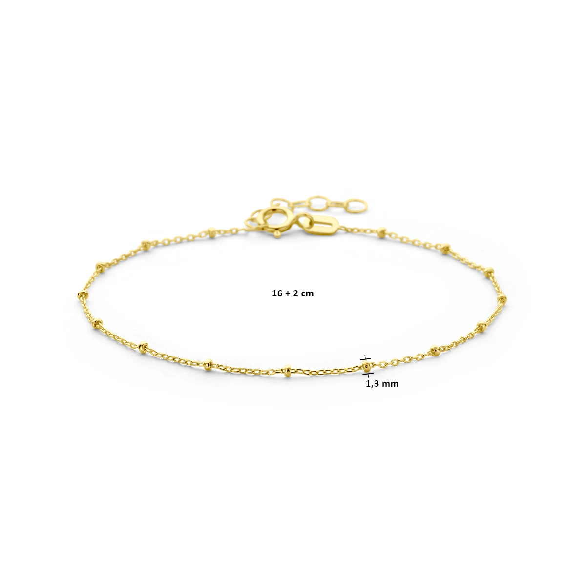 armband bolletjes 1,3 mm 16 + 2 cm 14K geelgoud