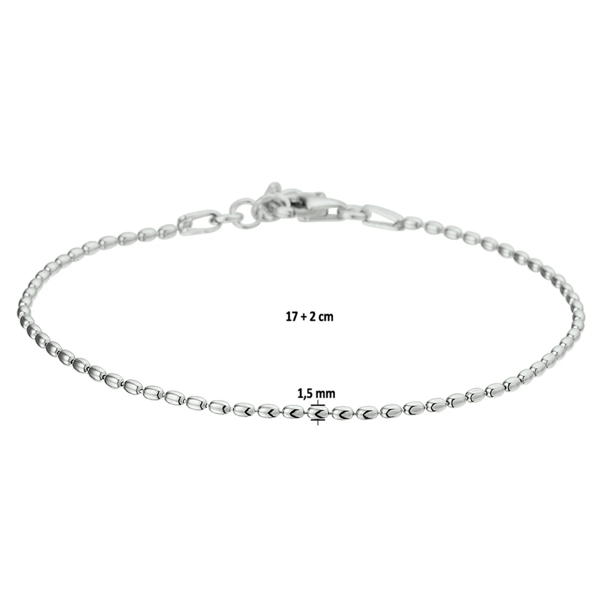 armband bolletjes 1,5 mm 17 + 2 cm zilver gerhodineerd