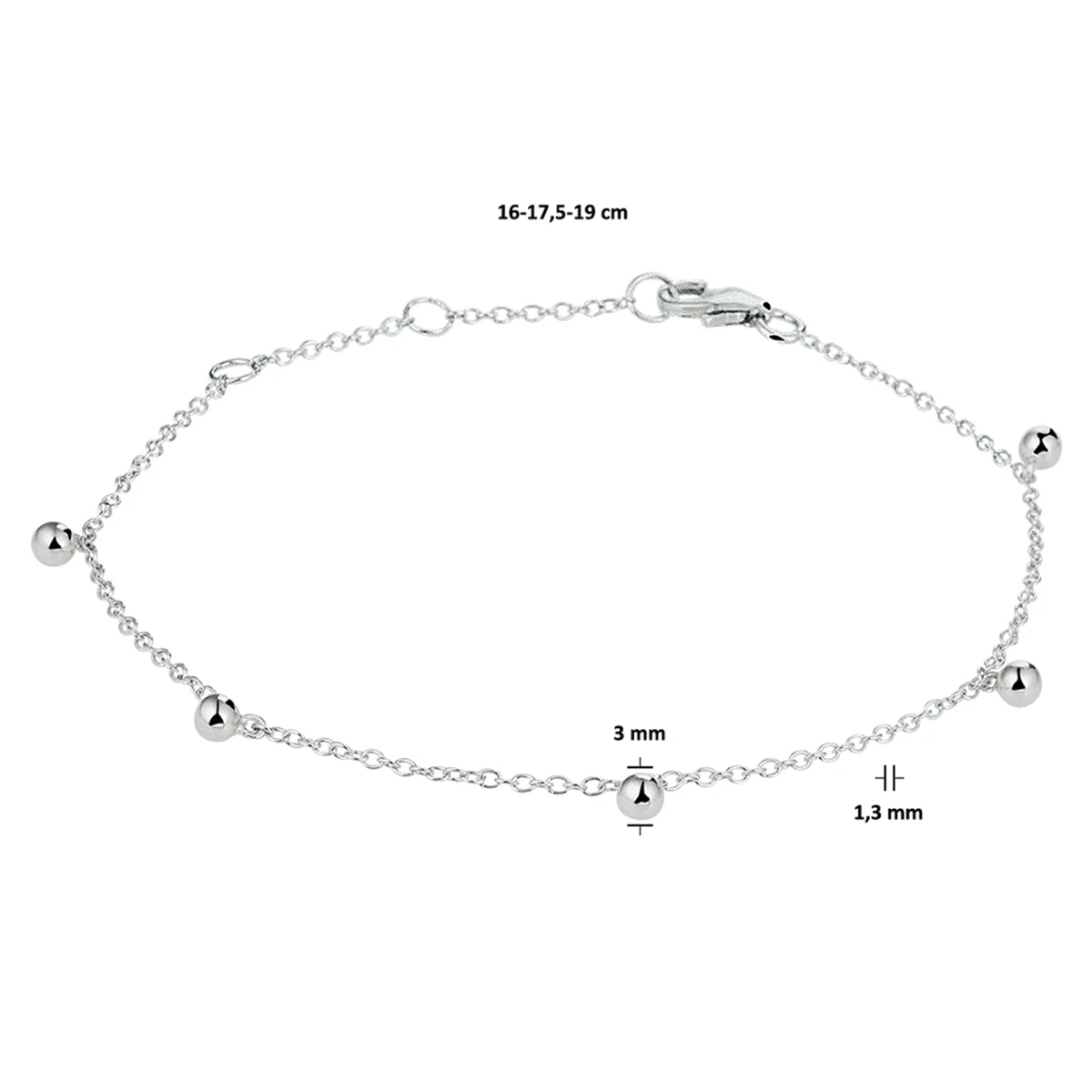 armband bolletjes 16 - 17,5 - 19 cm zilver gerhodineerd