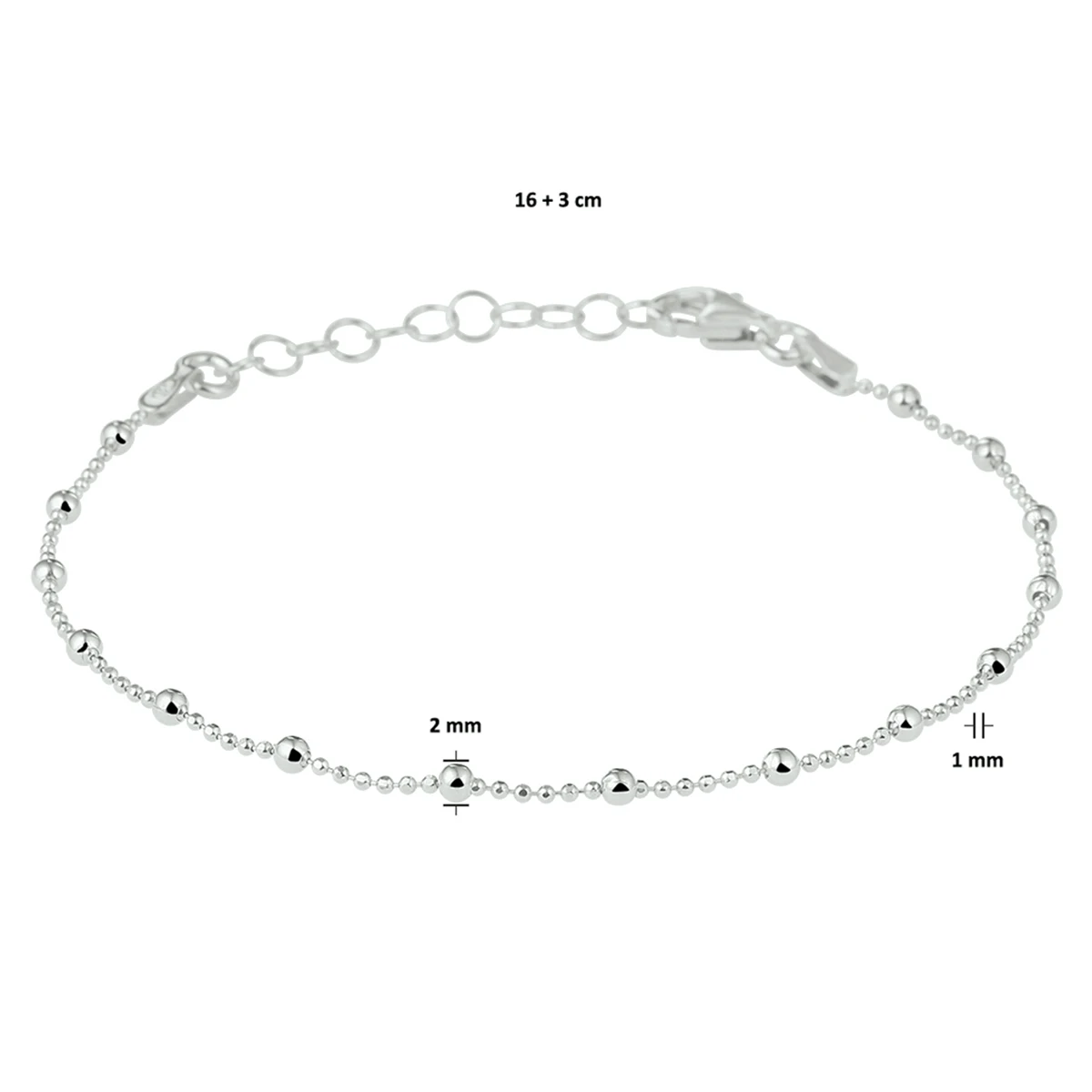 armband bolletjes 2,0 mm 16 + 3 cm zilver gerhodineerd