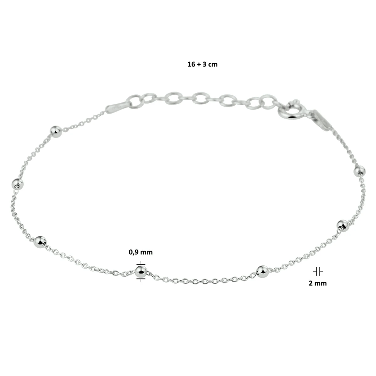 armband bolletjes 2,0 mm 16 + 3 cm zilver gerhodineerd